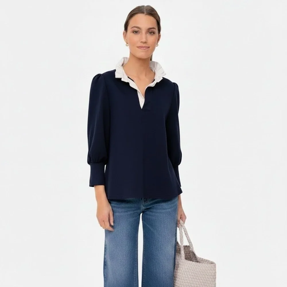 Tuckernuck x Pomander Place | Charlotte Terry Top L Navy Ruffle Collar Preppy